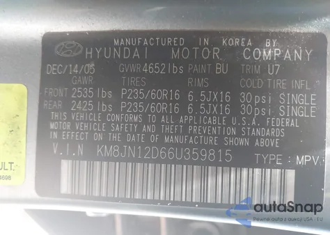 2006 Hyundai Tucson Gls/Limited из США, поврежденный, VIN KM8JN12D66U359815